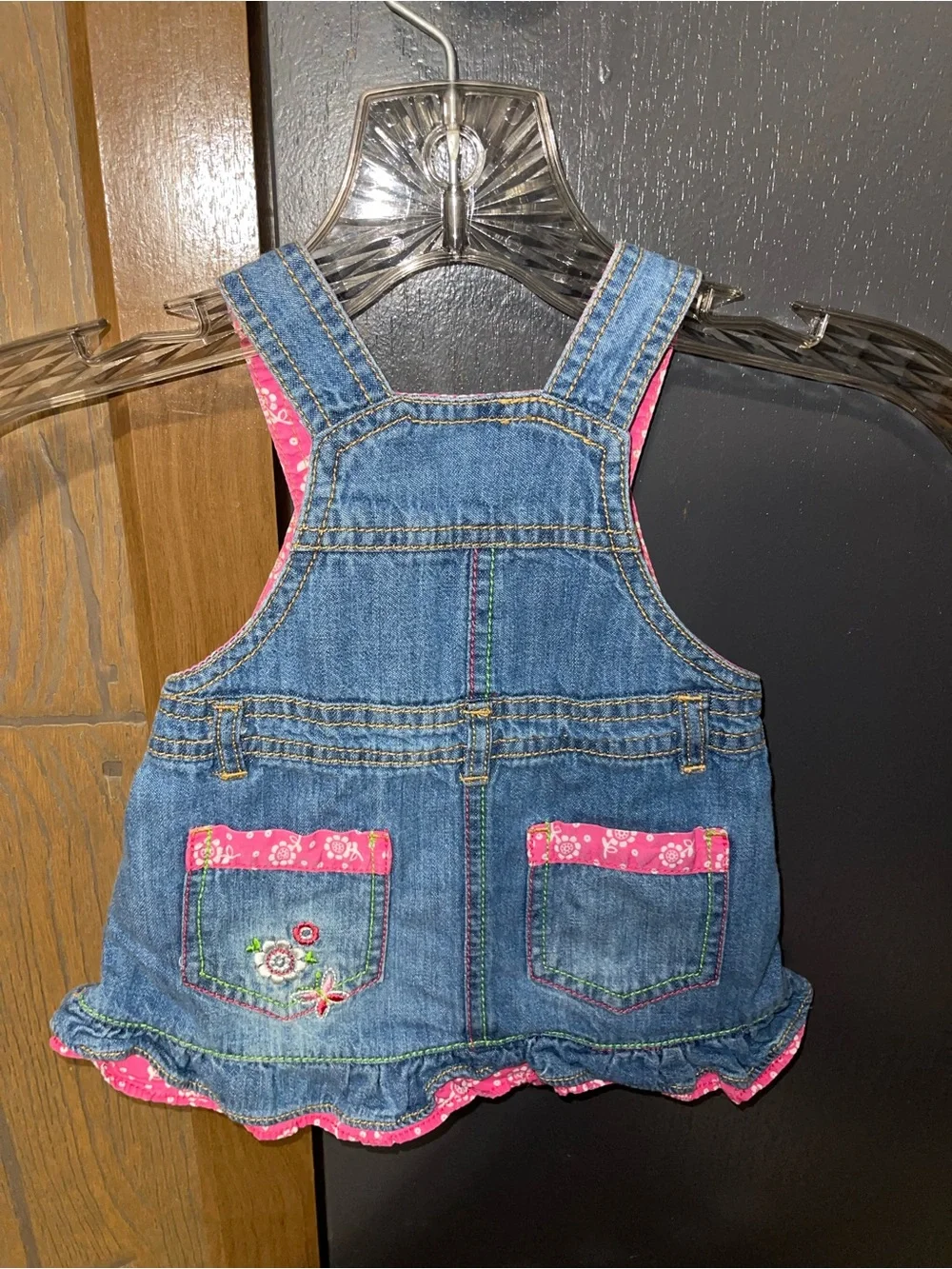 The Children's Place Denim Overall Dress with Pink Floral Accents